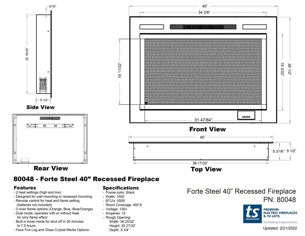 Forte Steel Mesh Screen Non Reflective 40 Inch Recessed Electric Fireplace 80048