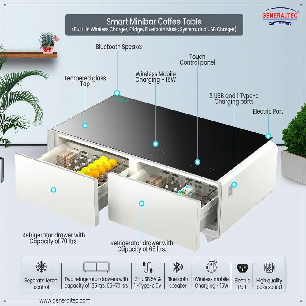 Generaltec Smart Table with Refrigerator and Speakers GMBST3WT - White