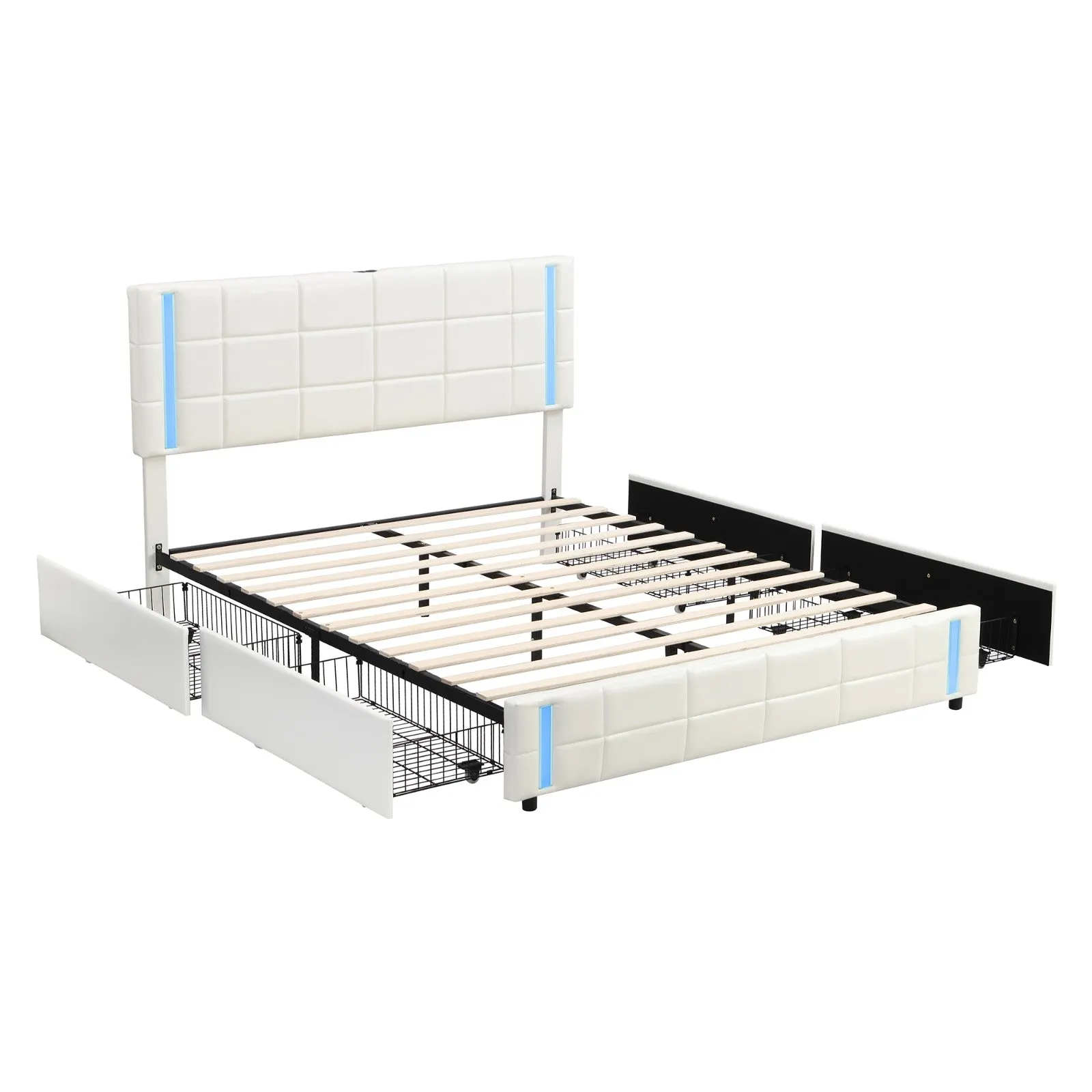 LED Bed Frame - Queen Size Upholstered Platform Bed with LED Lights and USB Charging, Storage Bed with 4 Drawers, White