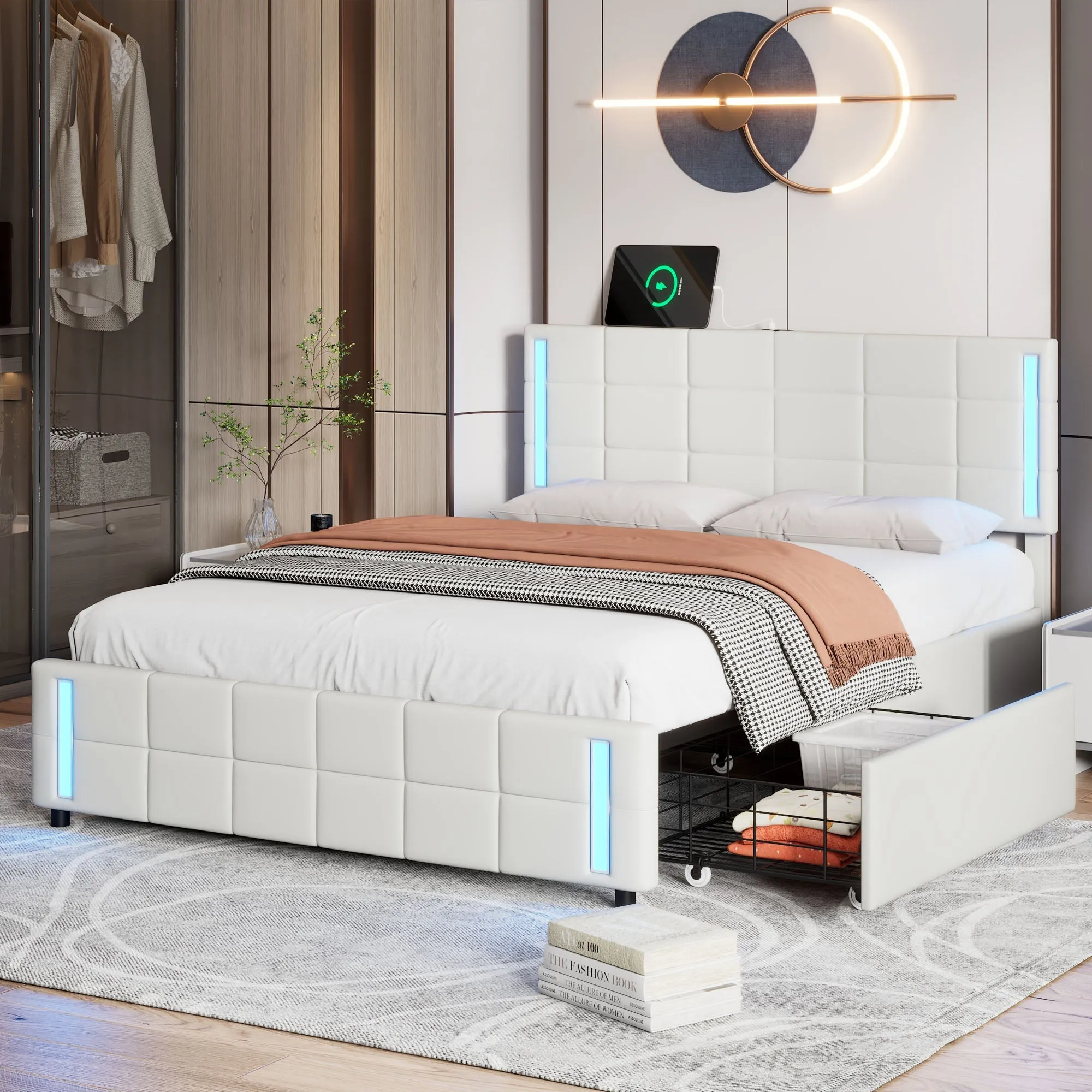 LED Bed Frame - Queen Size Upholstered Platform Bed with LED Lights and USB Charging, Storage Bed with 4 Drawers, White
