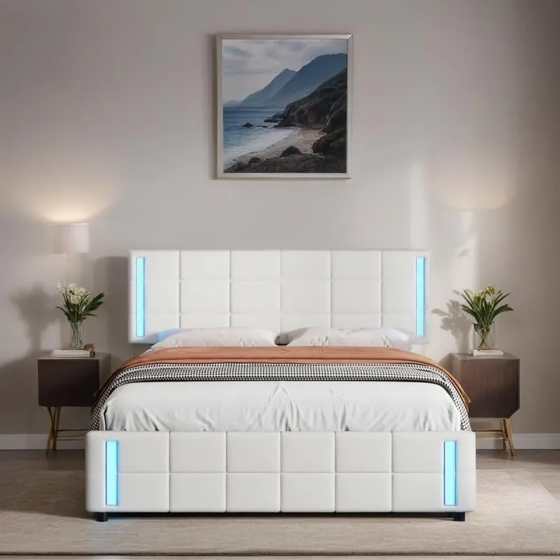 LED Bed Frame - Queen Size Upholstered Platform Bed with LED Lights and USB Charging, Storage Bed with 4 Drawers, White