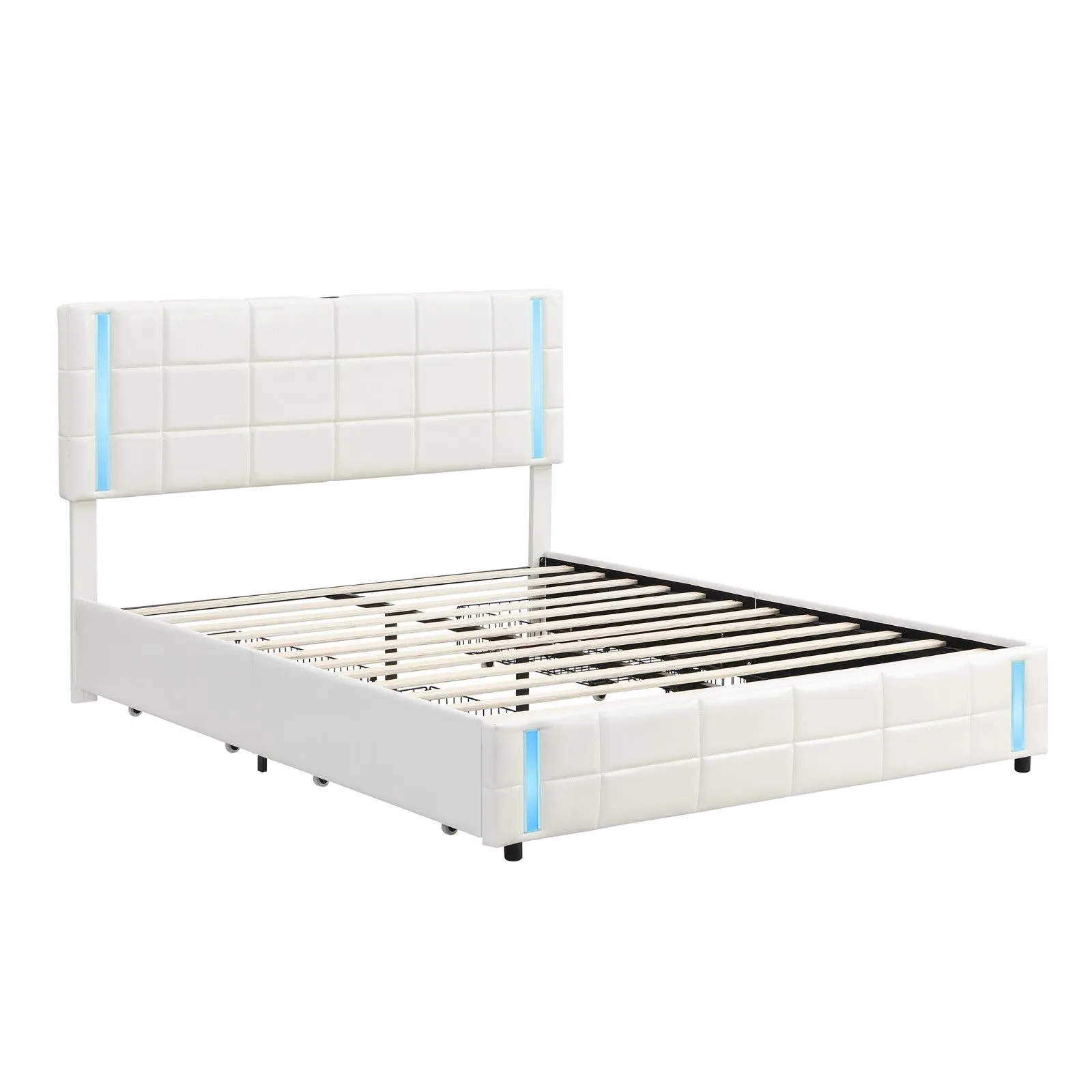 LED Bed Frame - Queen Size Upholstered Platform Bed with LED Lights and USB Charging, Storage Bed with 4 Drawers, White