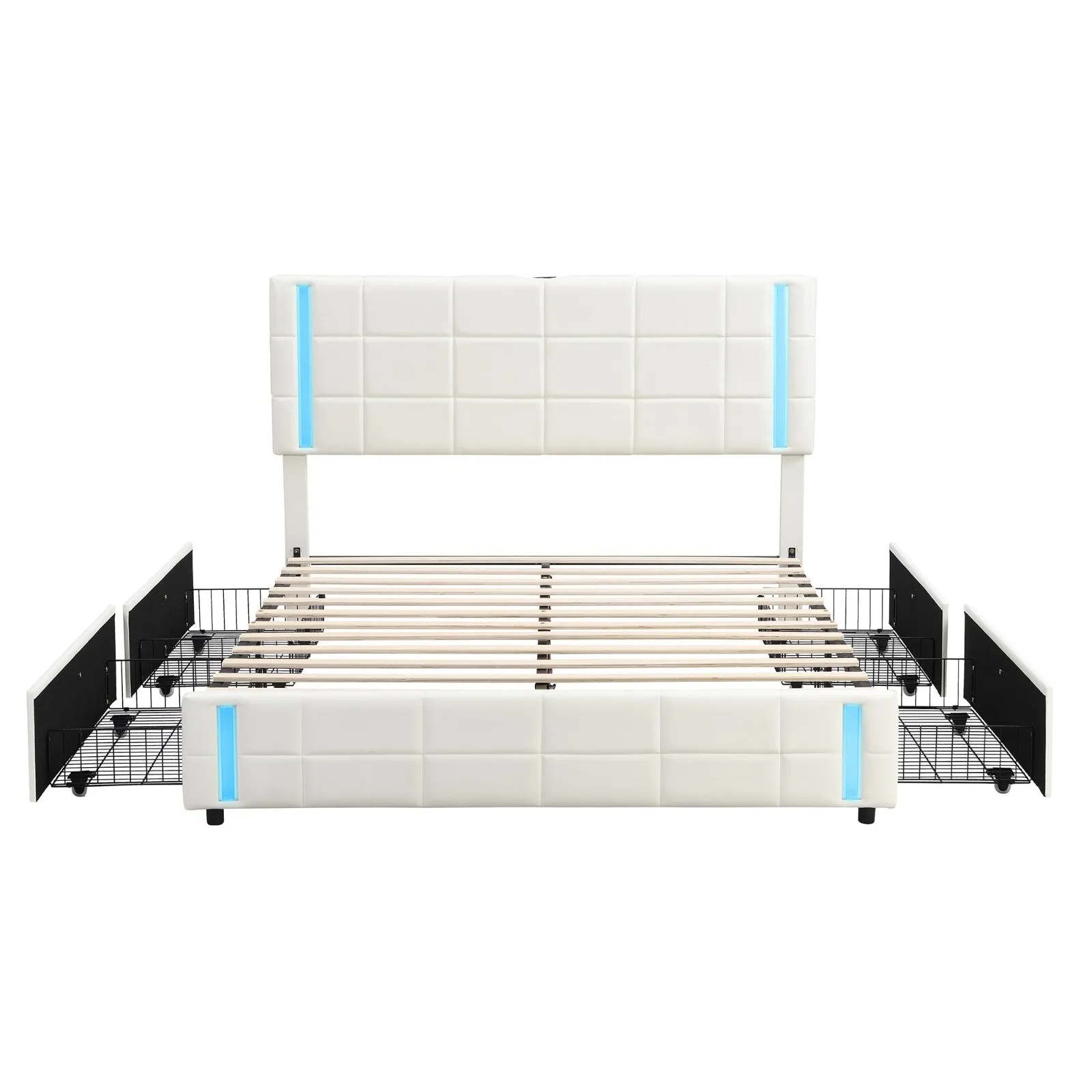 LED Bed Frame - Queen Size Upholstered Platform Bed with LED Lights and USB Charging, Storage Bed with 4 Drawers, White