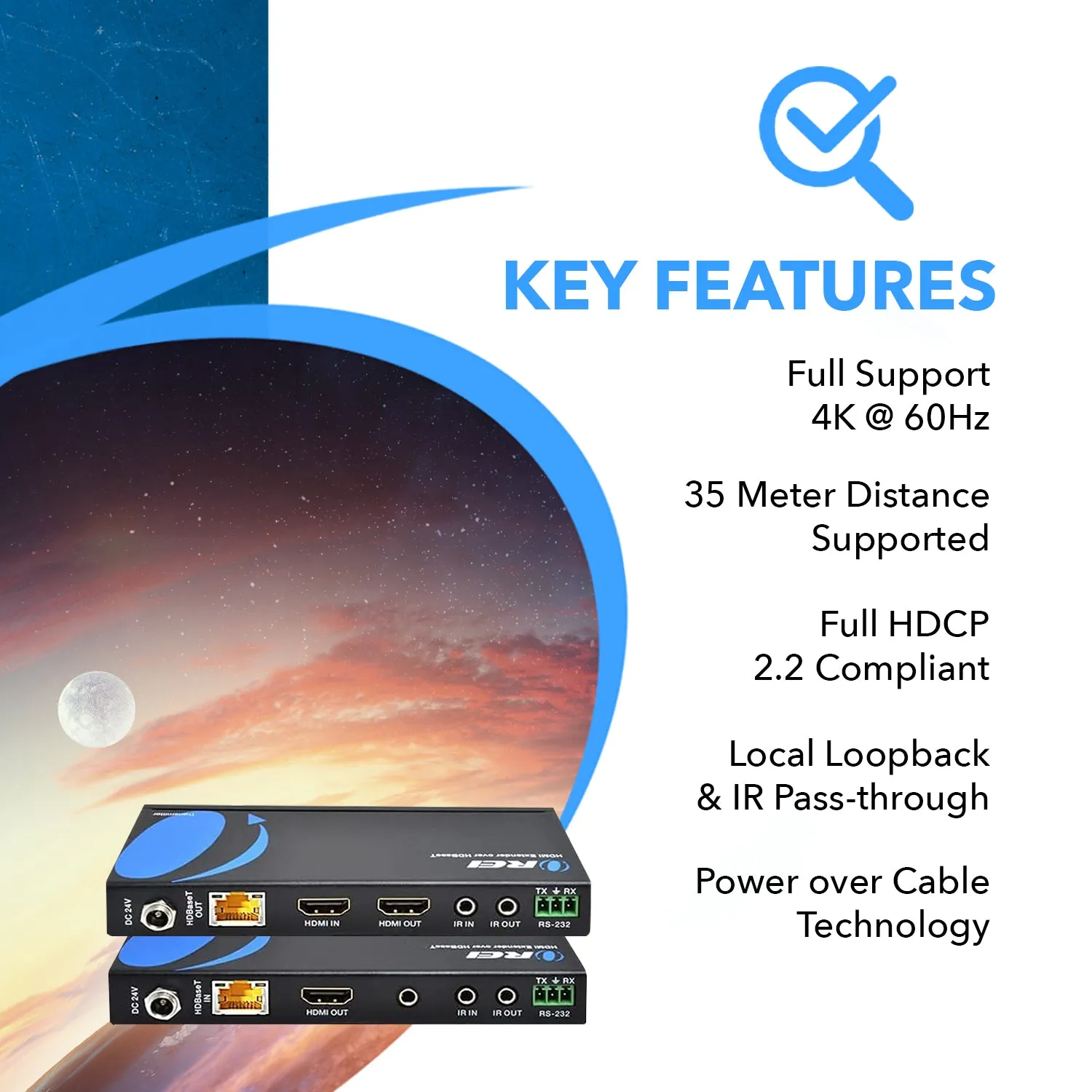 OREI HDBaseT 4K 30Hz HDMI Extender over Cat5e/6 Ethernet LAN cable - Up to 130 Ft - IR, CEC, RS-232, PoC (EX-115UHD-K)