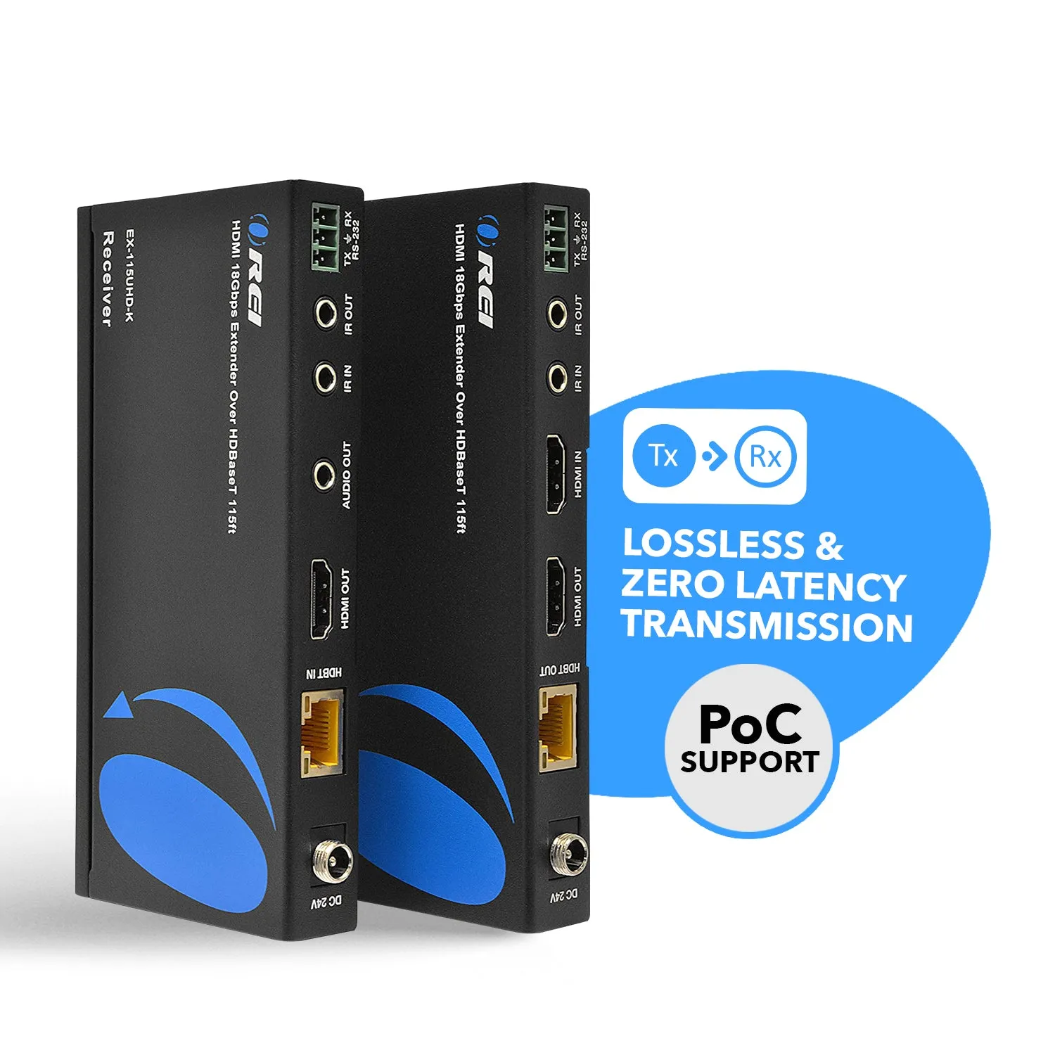 OREI HDBaseT 4K 30Hz HDMI Extender over Cat5e/6 Ethernet LAN cable - Up to 130 Ft - IR, CEC, RS-232, PoC (EX-115UHD-K)