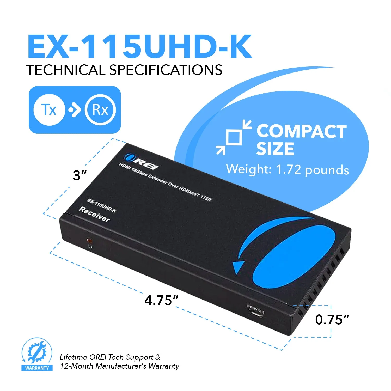 OREI HDBaseT 4K 30Hz HDMI Extender over Cat5e/6 Ethernet LAN cable - Up to 130 Ft - IR, CEC, RS-232, PoC (EX-115UHD-K)