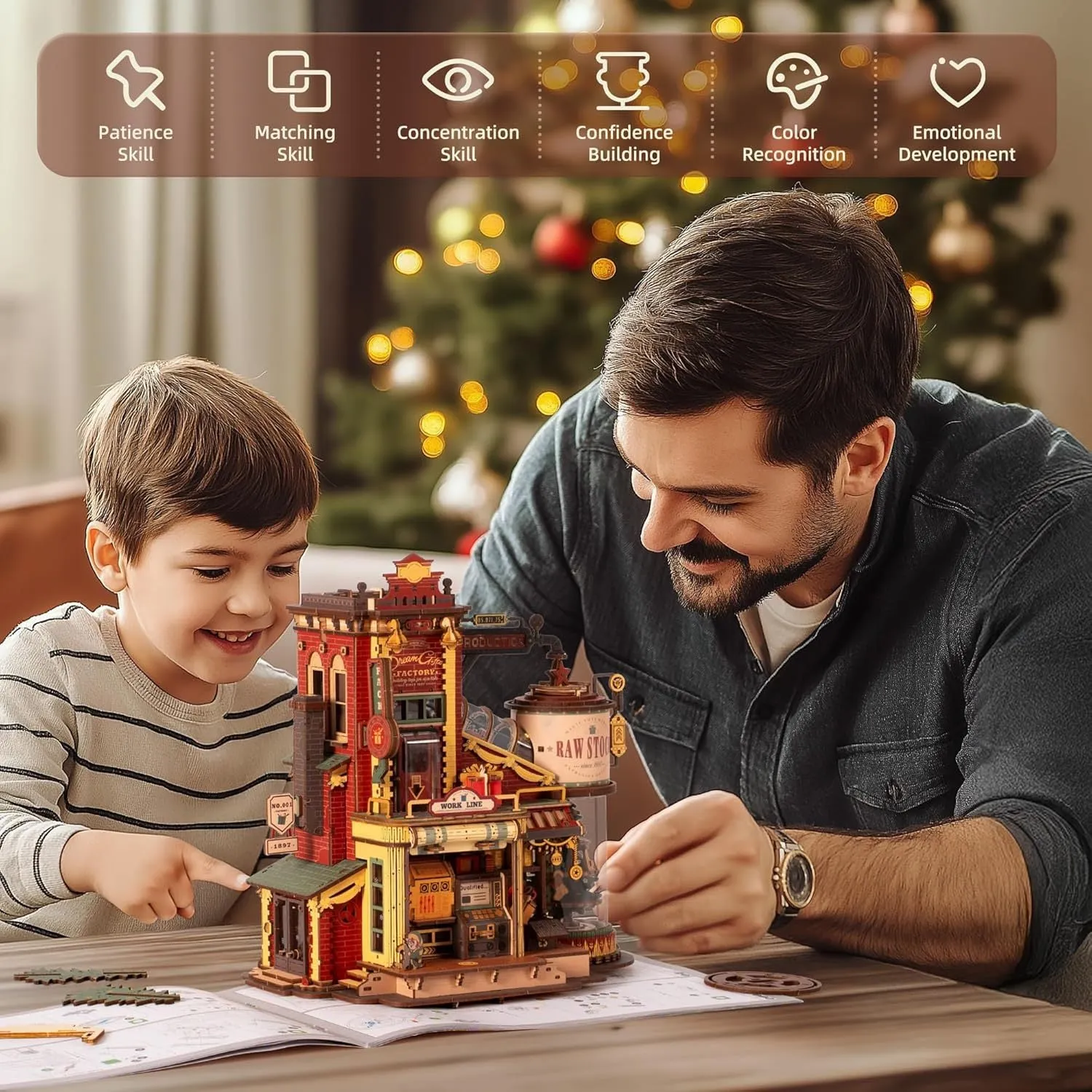 ROBOTIME 3D Puzzle | Wooden Gift Factory Model Kit | DIY Retro Toy with Music & Lights