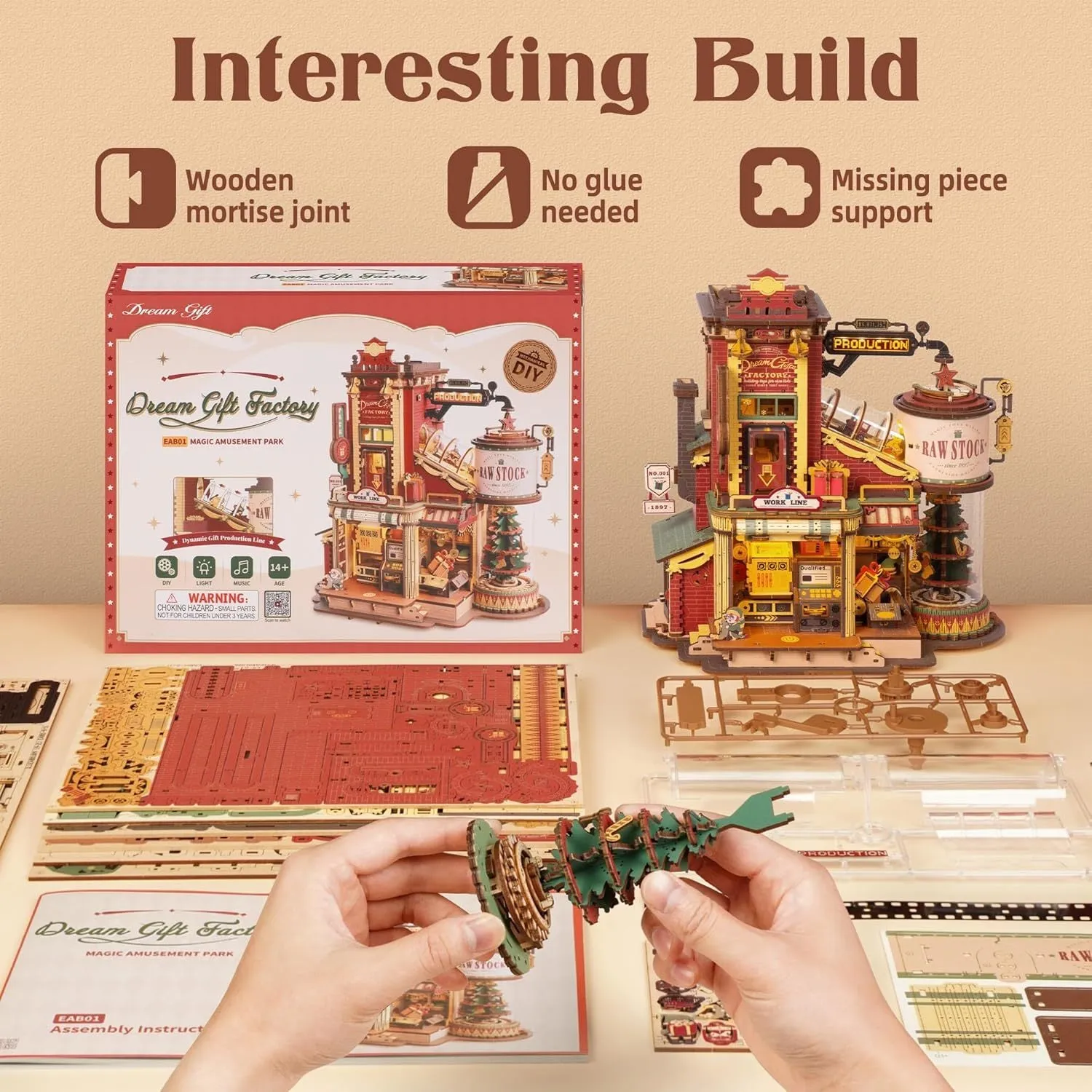 ROBOTIME 3D Puzzle | Wooden Gift Factory Model Kit | DIY Retro Toy with Music & Lights