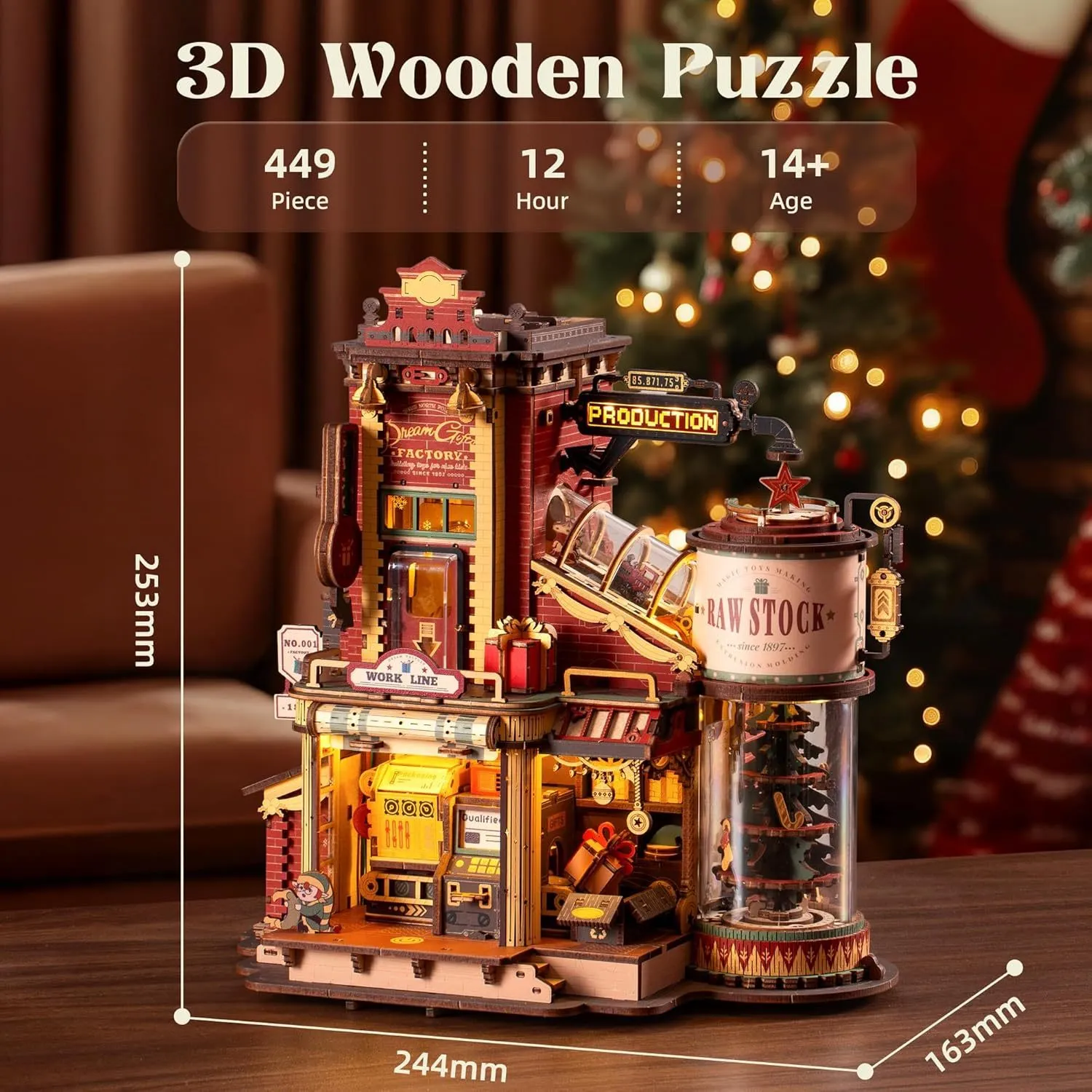 ROBOTIME 3D Puzzle | Wooden Gift Factory Model Kit | DIY Retro Toy with Music & Lights