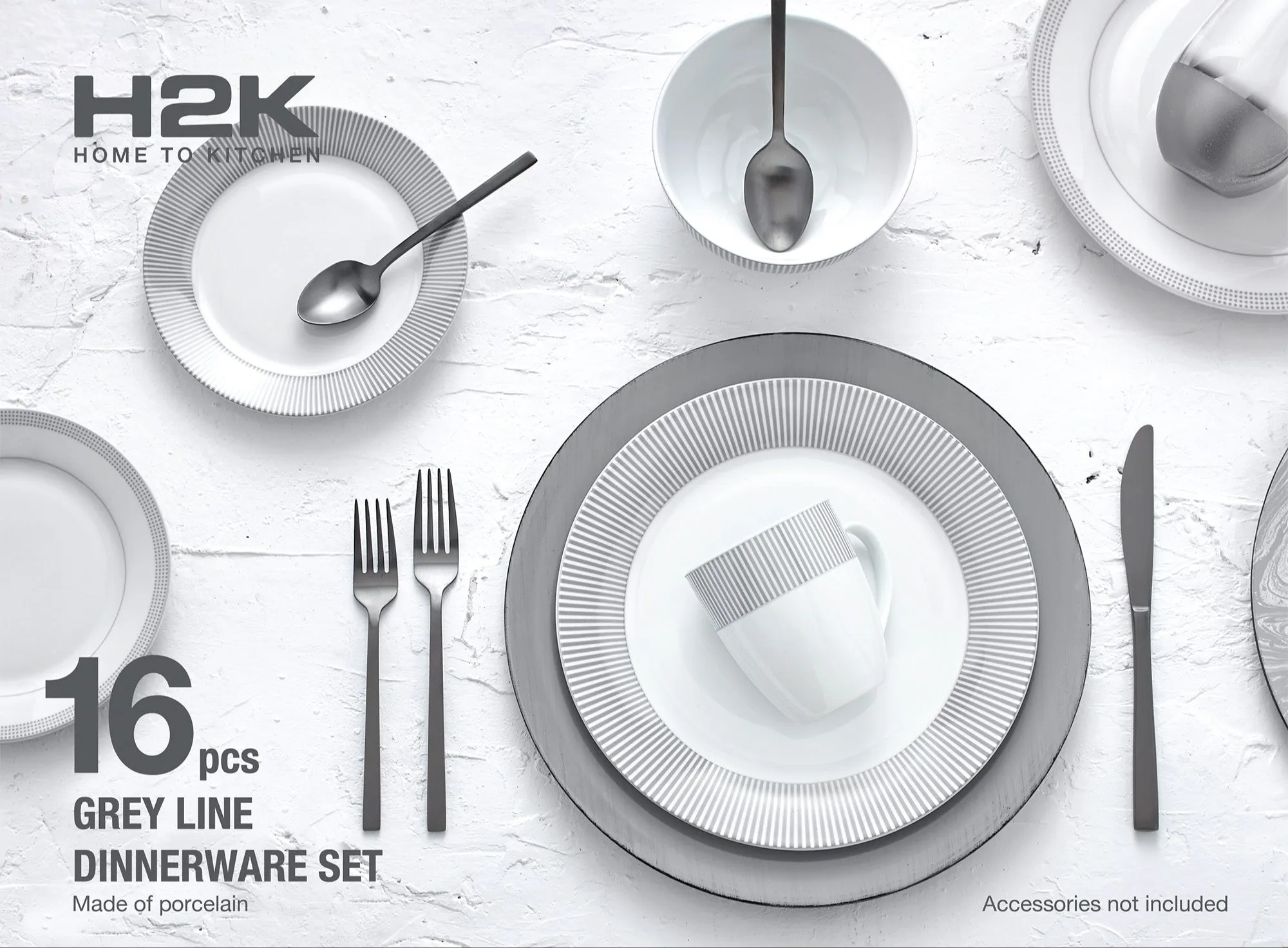 Safdie & Co. Dinnerset 16PC Round Rim Grey Line