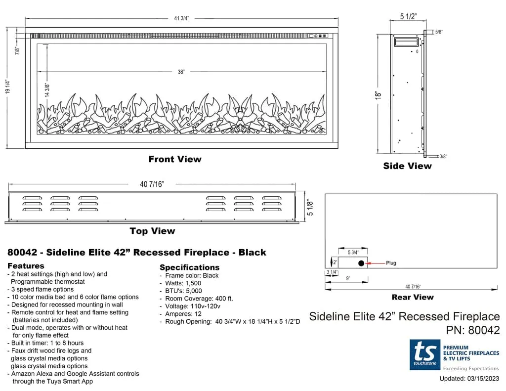 Sideline Elite 42 Inch Recessed Smart Electric Fireplace 80042