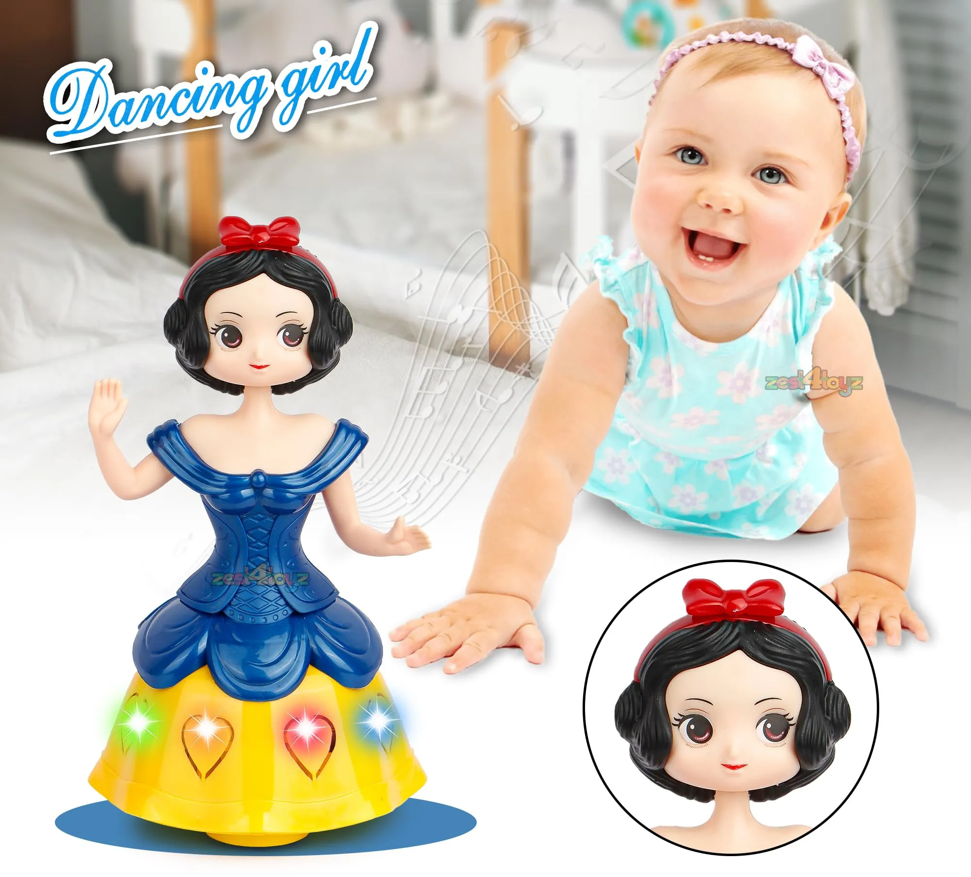 Zest 4 Toyz Musical Toys for Kids Princess Dancing Doll 360 Degree Rotating Light & Sound Toy Bump and Go Action for 1 Year Old Baby Boys & Girls - Random Colors (Pack of 1)