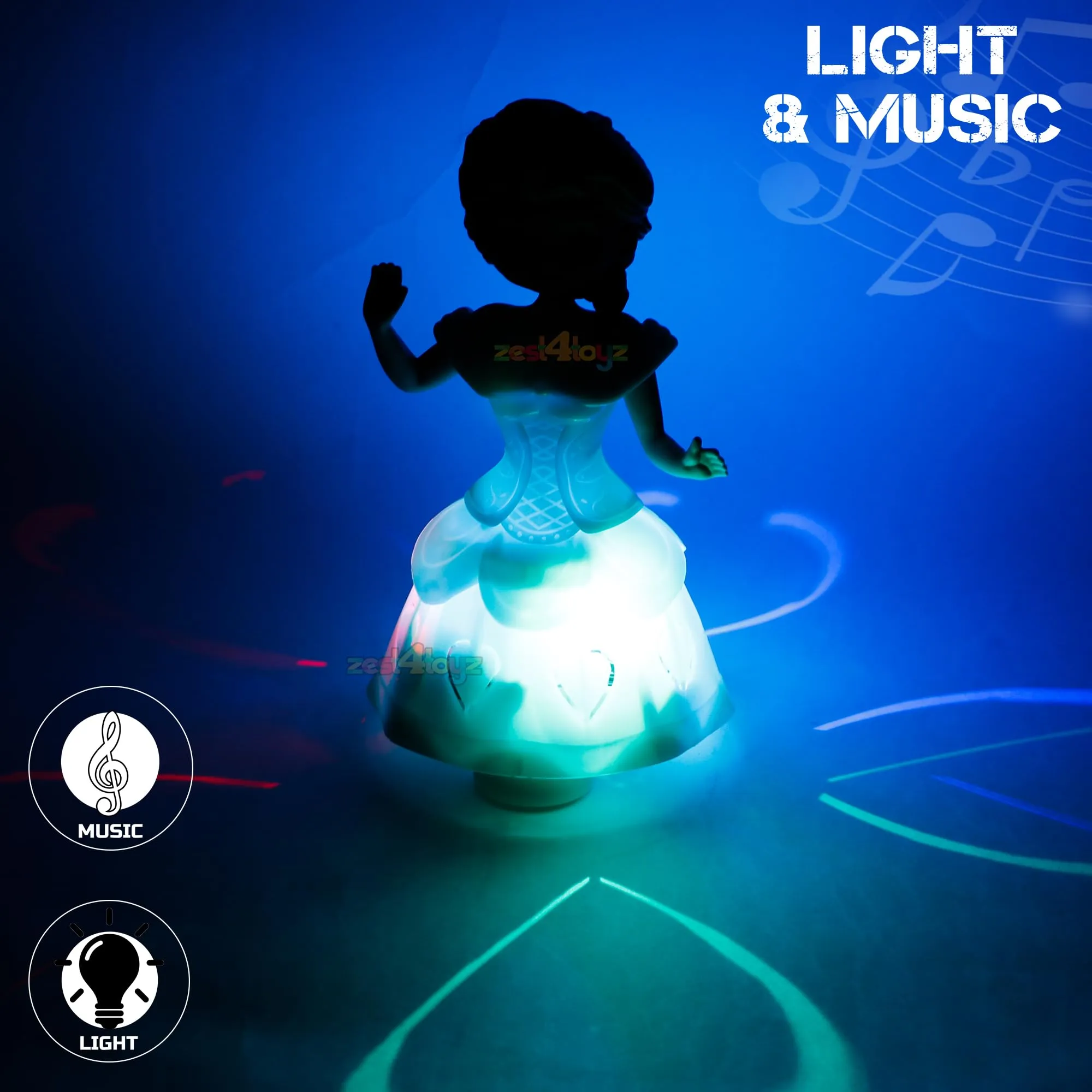 Zest 4 Toyz Musical Toys for Kids Princess Dancing Doll 360 Degree Rotating Light & Sound Toy Bump and Go Action for 1 Year Old Baby Boys & Girls - Random Colors (Pack of 1)