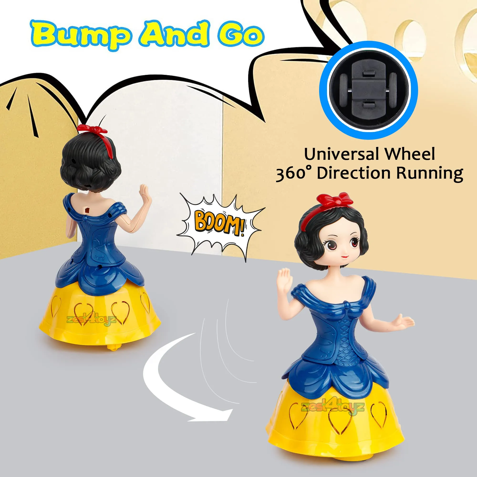 Zest 4 Toyz Musical Toys for Kids Princess Dancing Doll 360 Degree Rotating Light & Sound Toy Bump and Go Action for 1 Year Old Baby Boys & Girls - Random Colors (Pack of 1)
